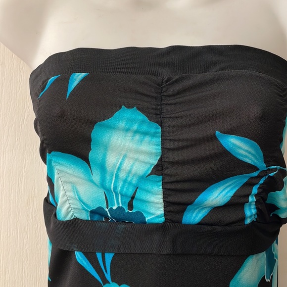 Black and blue dark floral print asymmetrical Y2K strapless dress size medium - Picture 3 of 10